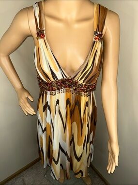 BCBGMaxAzria Brown, Cream & Tan Beaded Empire Waist Midi Dress